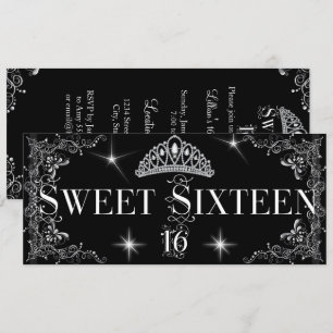 Convites Doze Anos 16 Regal Preto Prata Tiara