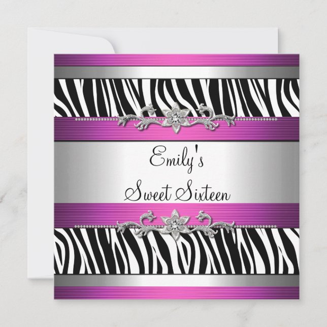 Convites Doze Anos 16 Rosa Preto Branco Zebra Prata (Frente)
