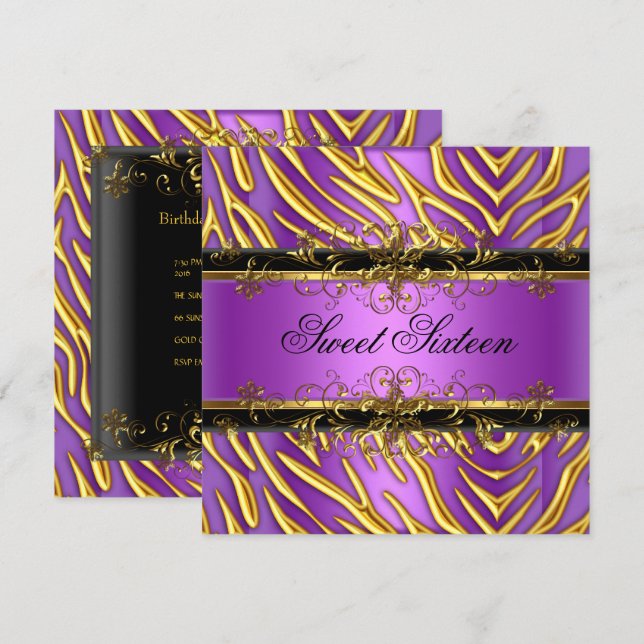 Convites Doze Anos 16 Zebra Roxo Dourado Preto (Frente/Verso)