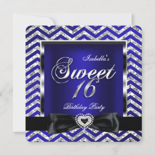 Convites Doze Anos Azul Royal Listra Chevron Prata Preto