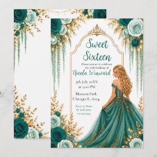Convites Doze Anos com Flores Verde Teal Profundo e Dourado