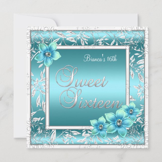 Convites Doze Anos Dezesseis Aniversário Azul Teal Flor Pra (Frente)
