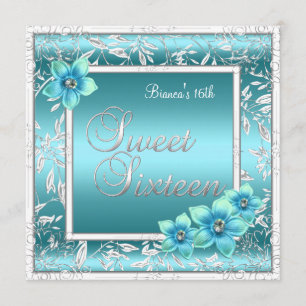 Convites Doze Anos Dezesseis Aniversário Azul Teal Flor Pra