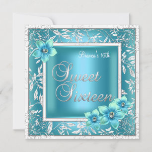 Convites Doze Anos Dezesseis Aniversário Azul Teal Flor Pra