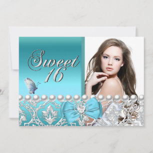 Convites Doze Anos Dezesseis Azul Damask Borboleta Adiciona
