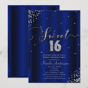 Convites DOZE ANOS Dezesseis Azul Royal Confetes de Prata C
