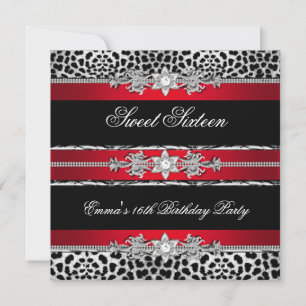 Convites Doze Anos Dezesseis Leopardo Vermelho Preto Diaman