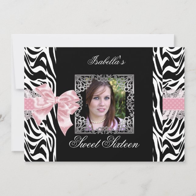 Convites Doze Anos Dezesseis Rosa Preto Branco Zebra (Frente)