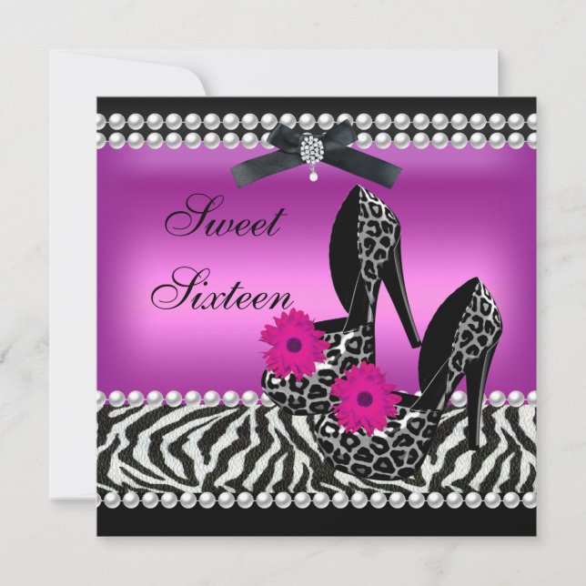 Convites Doze Anos Dezesseis Rosa Preto Zebra Leopardo (Frente)