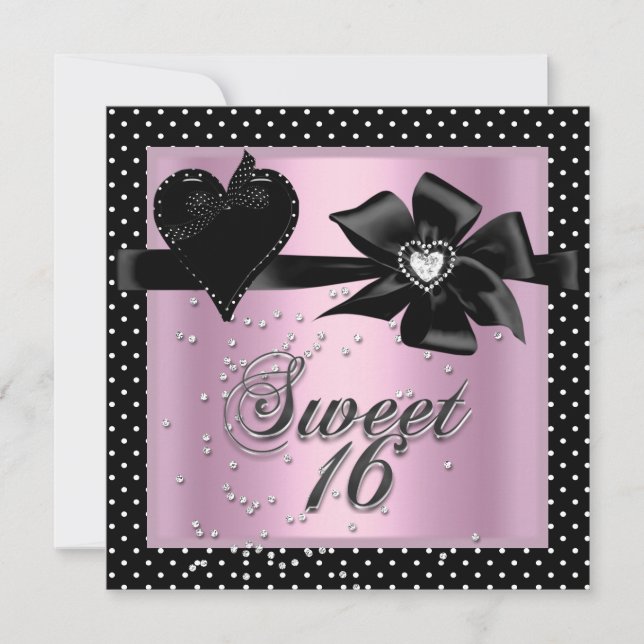 Convites Doze Anos Doce 16 Rosa Preto Bolinha (Frente)