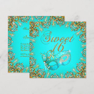 Convites Doze Anos Doce Anos Máscara Dourado Azul Turquesa
