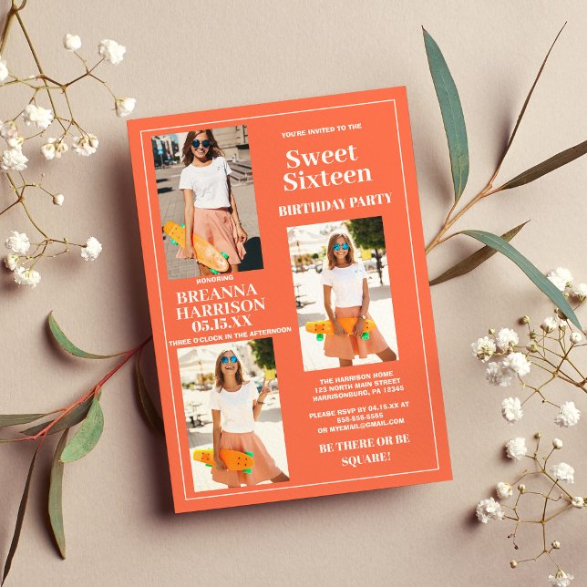 Convites Doze Anos Doce Laranja Branco Foto Simples Moderno (Modern Simple Orange White Photo Sweet Sixteen )