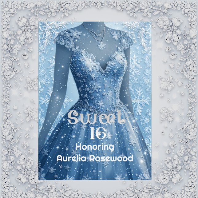 Convites Doze Anos Doces Flocos de Neve Prata Azul Gélido P (Sweet 16 Icy Blue Silver Snowflakes Personalized Invitation)