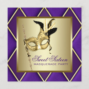 Convites Doze Anos Dourado Festa de Máscaras Roxa