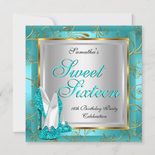 Convites Doze Anos Festa Azul Teal Dourado Prata