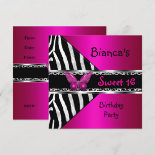 Convites Doze Anos Fushia Rosa Prata Preto Zebra Leopardo