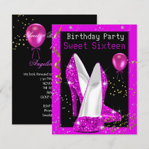 Convites Doze Anos Glitter Rosa Choque Preto Festa de Anive