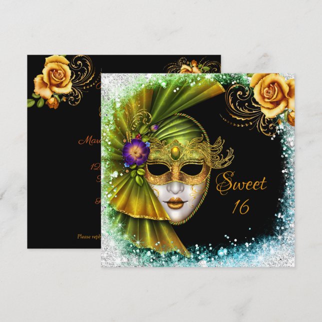Convites Doze Anos Máscara Mardi Gras Dourado Verde (Frente/Verso)