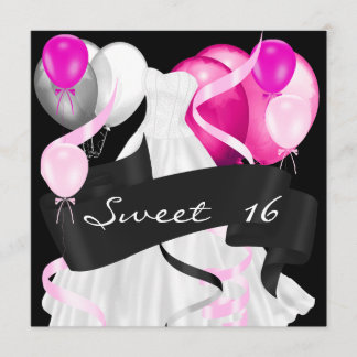 Convites Doze Anos Preto Rosa Branco Vestido Balões