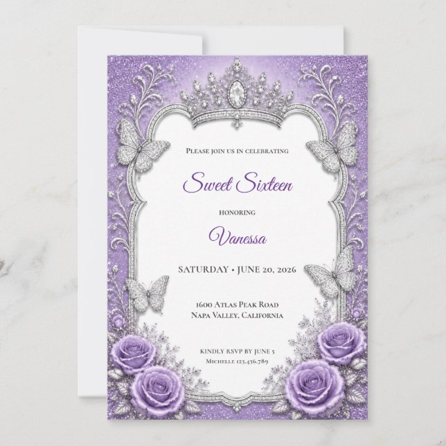 Convites Doze Anos Princesa Floral Prata Roxo (Frente)