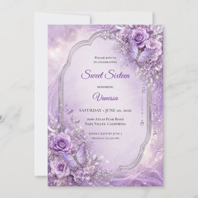 Convites Doze Anos Princesa Floral Prata Roxo (Frente)