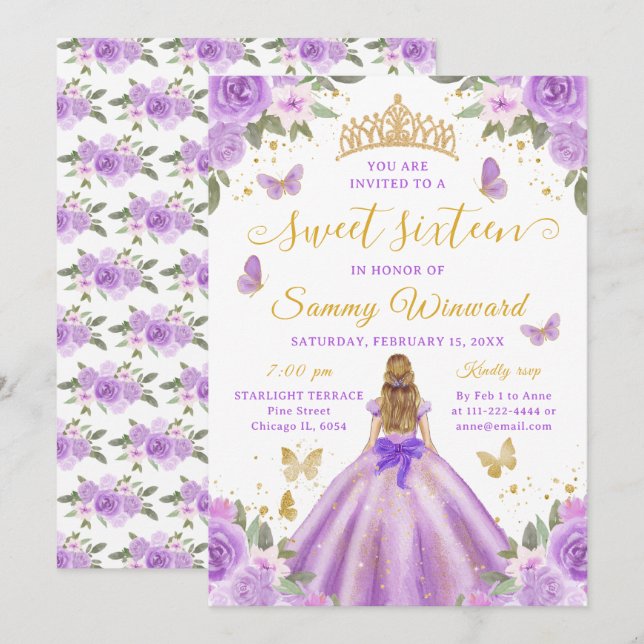 Convites Doze Anos Princesa Roxo Floral Tiara Dourada (Frente/Verso)