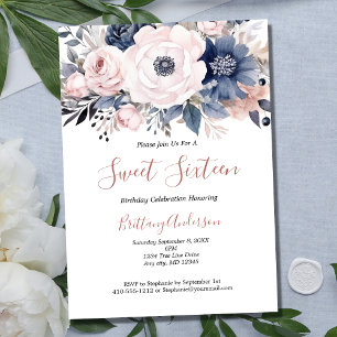 Convites Doze Anos Rosa Branco Azul Floral Aniversário