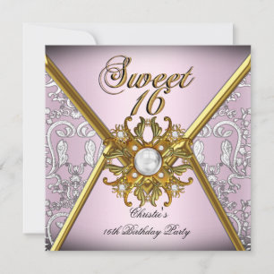 Convites Doze Anos Rosa Dourado Branco Damask