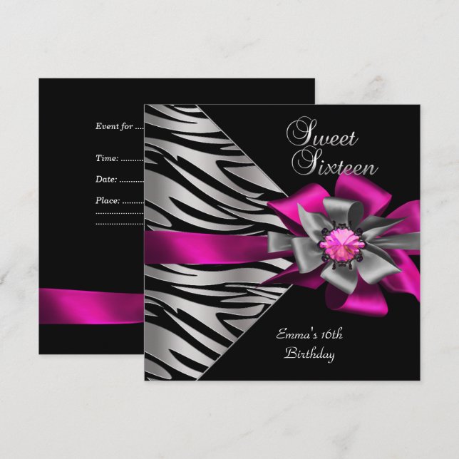 Convites Doze Anos Rosa Prata Zebra Preto Cinza Arco (Frente/Verso)