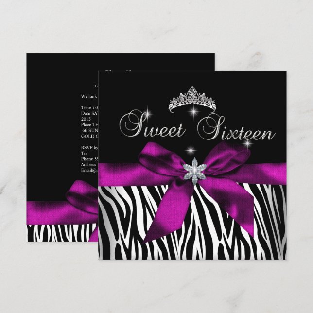 Convites Doze Anos Rosa Zebra Preto Branco Diamantes (Frente/Verso)