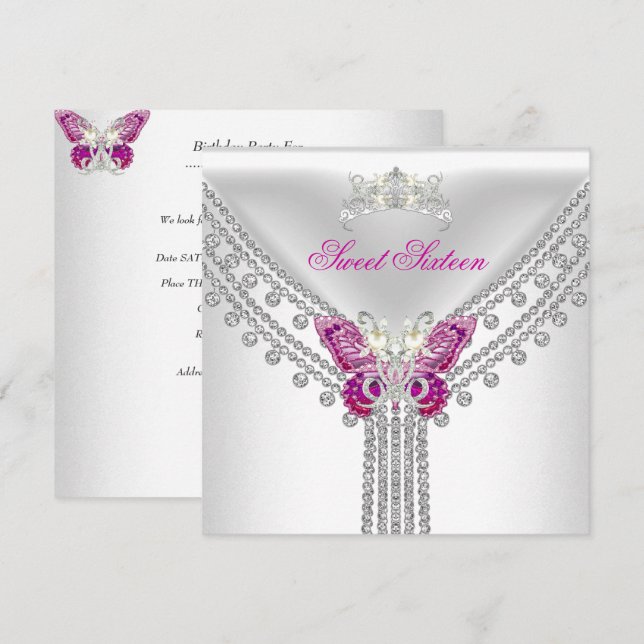 Convites Doze Anos Rose Butterfly Branco (Frente/Verso)