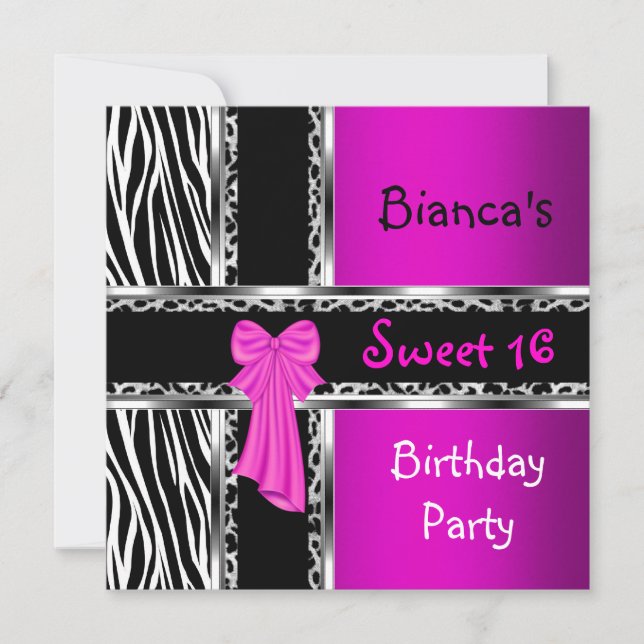 Convites Doze Anos Roxo Rosa Prata Preto Zebra Leopardo (Frente)