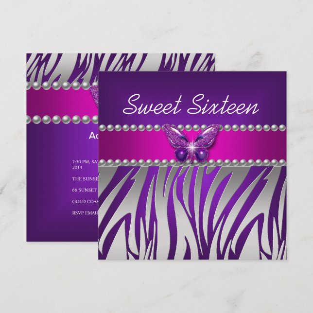 Convites Doze Anos Roxo Rosa Zebra Prata Borboleta (Frente/Verso)