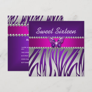 Convites Doze Anos Roxo Rosa Zebra Prata Borboleta