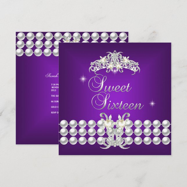 Convites Doze Anos Tiara Roxo Prata Pérola Branca (Frente/Verso)