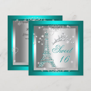 Convites Doze Anos Torre Eiffel Tiara Azul Turquesa Doce