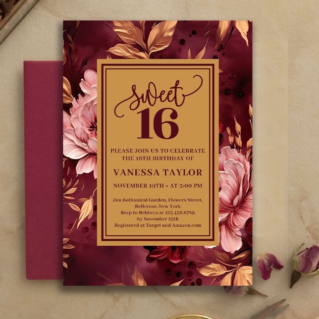 Convites Doze Artísticos Burgundy Blush Aquarela (Artistic Sweet Sixteen Burgundy Blush Watercolor)