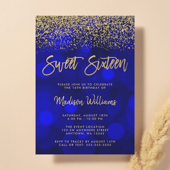 Convites Doze Azul Bokeh Brilho Dourado Sweet 16 (Criador carregado)
