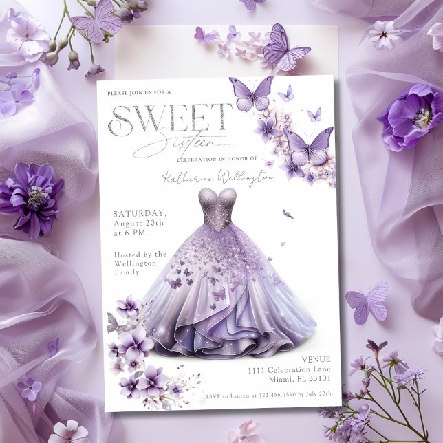 Convites Doze e Dezesseis Lilases Roxas Florais Borboletas (Sweet 16 Sixteen Purple Lilac Floral Butterflies Invitation)