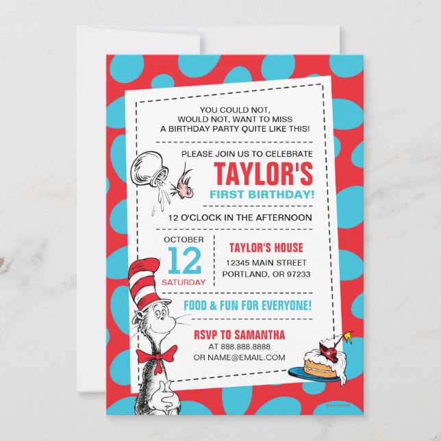 Convites Dr. Seuss Gato no Chapéu Aniversário Adicionar uma (Frente)