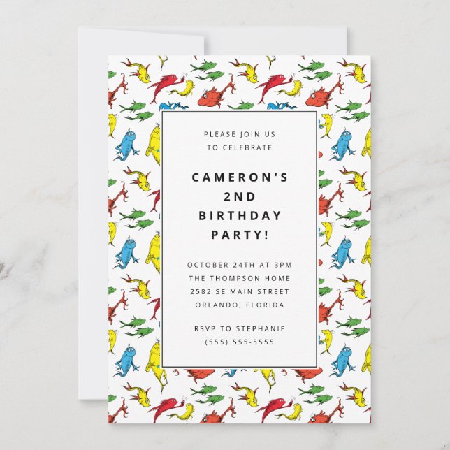 Convites Dr. Seuss - Um Peixe, Dois Peixes | ANIVERSÁRIO DE (Frente)