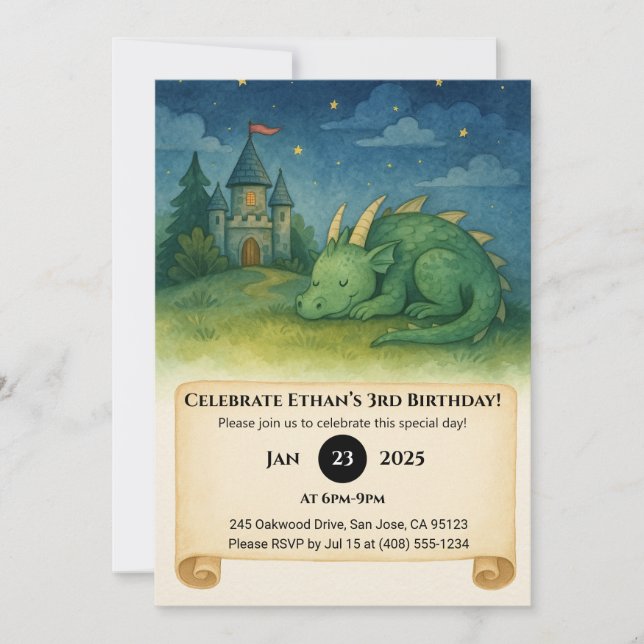 Convites Dragão Adormecido Sob o Céu Estrelado de Aniversár (Frente)