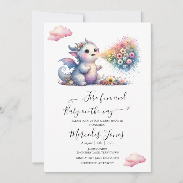 Convites Dragão-Bebê-Aquarela Com Fogo-Arco-Íris (Frente)