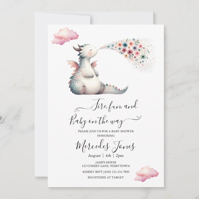 Convites Dragão-Bebê-Aquarela Com Fogo-Arco-Íris (Frente)