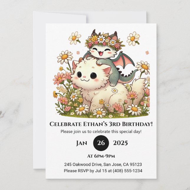 Convites Dragão-bebê e Gato Fluffy no Aniversário da Flor (Frente)
