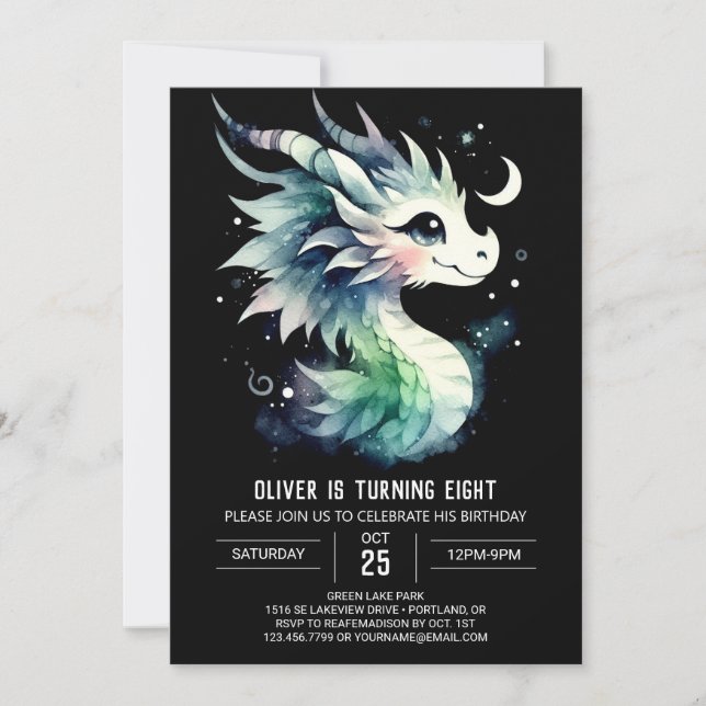 Convites Dragão de Aquarela Crianças de Aniversário (Frente)