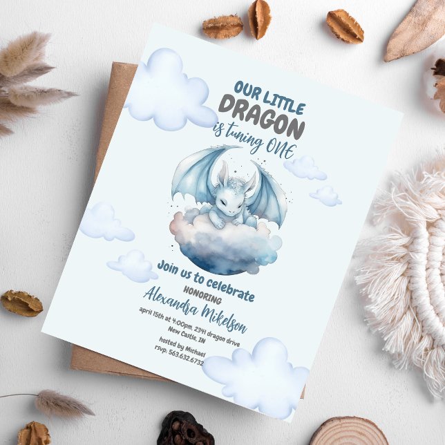Convites Dragão de Cor Azul primeiro aniversario (Create Magic with Cute Watercolor Dragon Baby 1st Birthday Invitation )