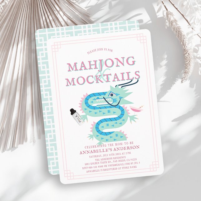 Convites Dragão de Jade Rosa Chinoiserie Chá de Bebê Mahjon (Criador carregado)