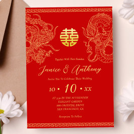 Convites Dragão do casamento chinês vermelho e fênix