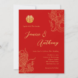 Convites Dragão do casamento chinês vermelho e fênix